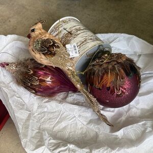 Christmas Tree Decorations Lot- Elegant Feathered Ornaments with Glitter Accents